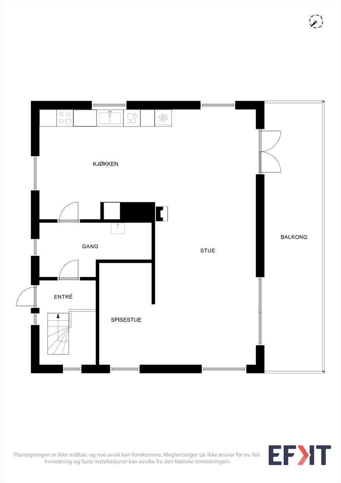Første etasje har et bruksareal på 69 m² og inneholder en åpen løsning mellom stue og kjøkken, samt entré og innergang med forheng mot ''vaskerom''. Galleribilde