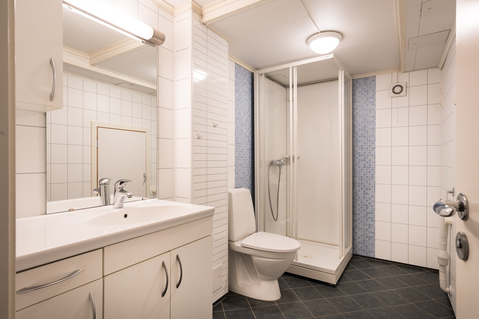 Badet har toalett og dusjkabinett, i tillegg til en baderomsinnredning bestående av et hvitt servantskap, et veggskap i samme stil og et speil med tilhørende lys. Galleribilde
