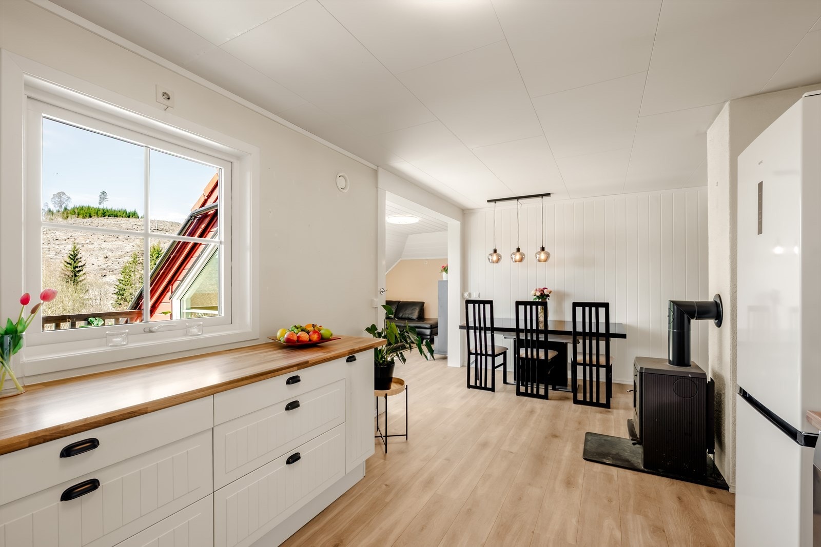 God arbeidsbenk på kjøkkenet med utsikt mot nærområdet. Galleribilde