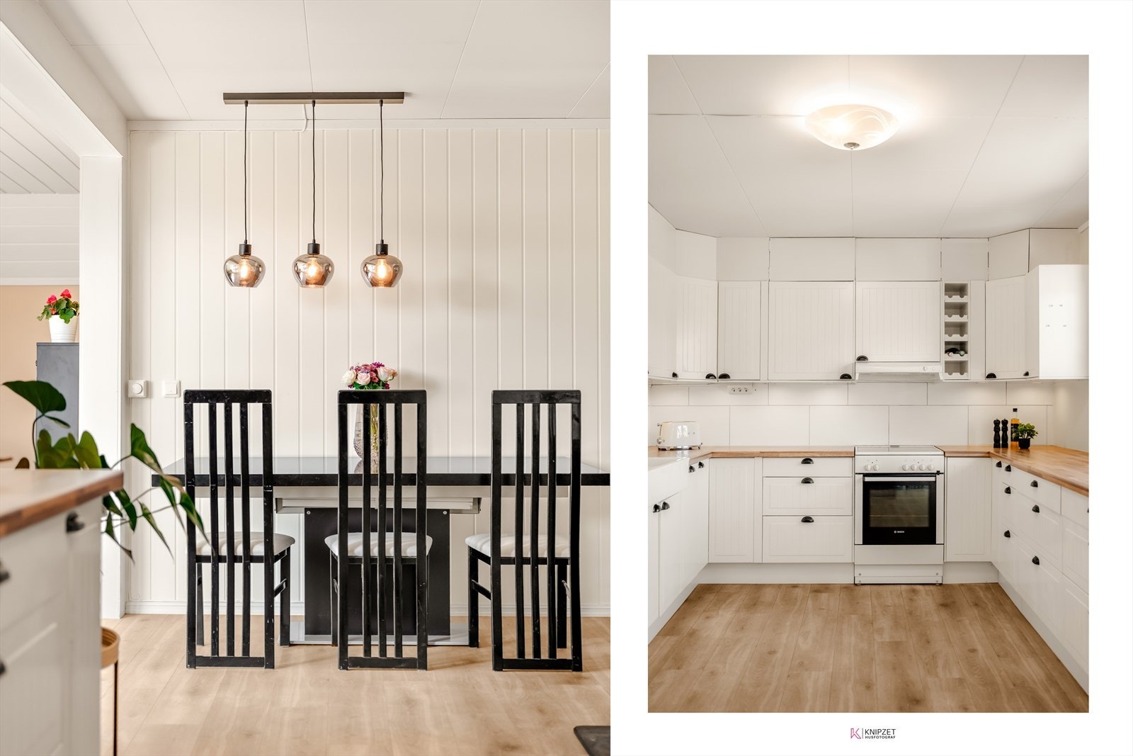 Kjøkkenet og spisestuen danner en åpen og sosial sone, med gjennomgående gulv og lyse overflater. Galleribilde