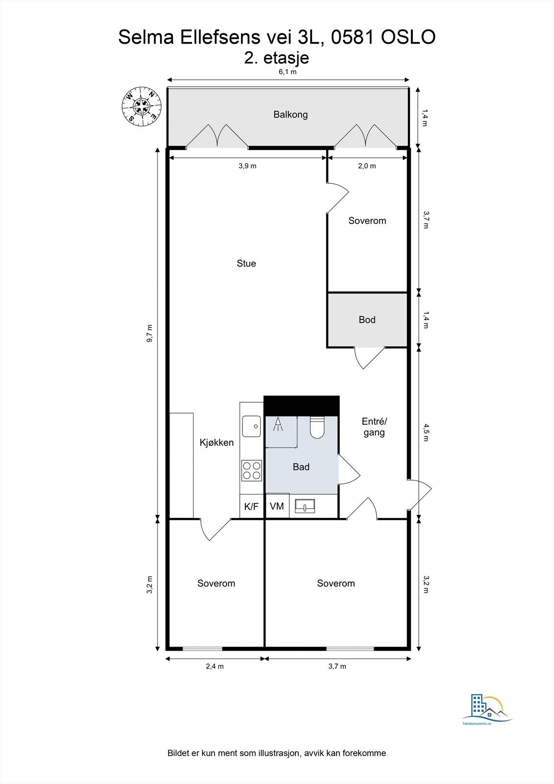 Plantegning. Leiligheten disponerer en bod i kjeller på ca. 4 m². Galleribilde