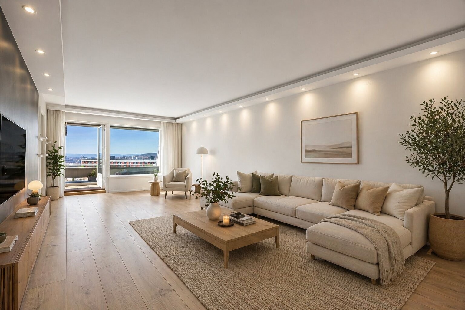 Romslig stue med god plass til både sofagruppe og spisebord. Det er montert downlights i himlingen. (Illustrasjonsbilde) Galleribilde