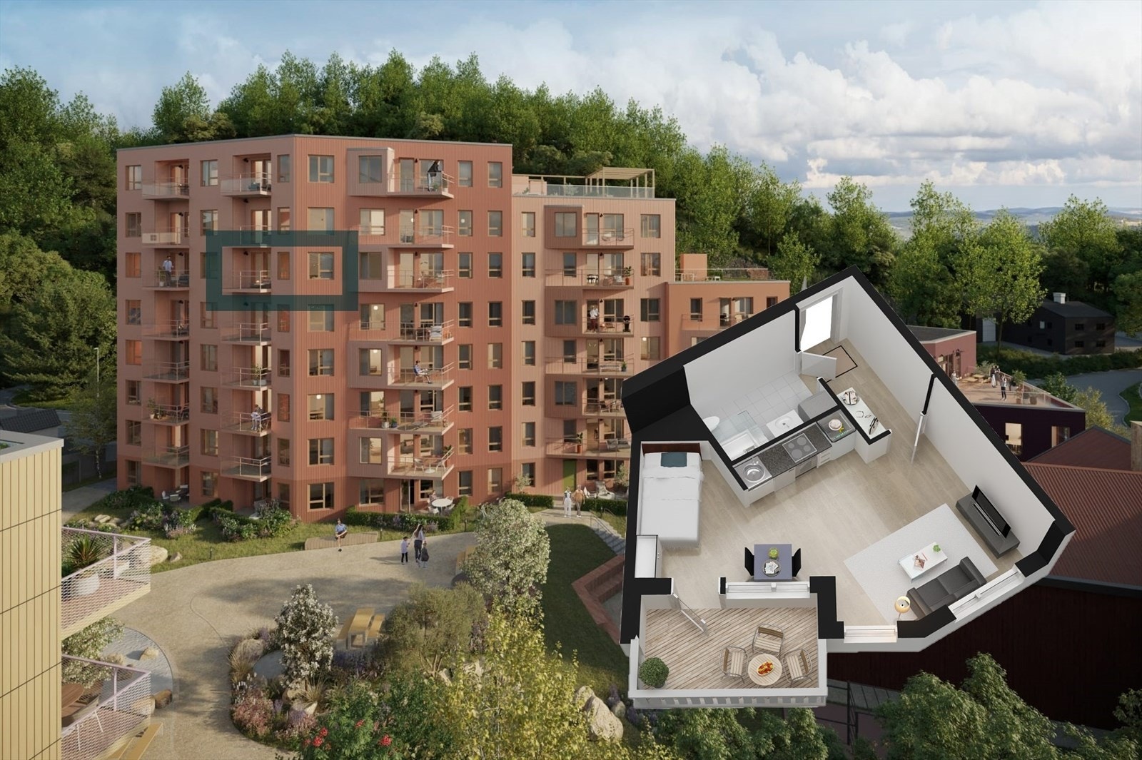 Omtrentlig avmerking av leil. 2-603 i 6. etg. Bilder er kun til illustrasjon og er laget digitalt/med KI. Avvik vil forekomme. Se plantegning og beskrivelse i prospekt. Galleribilde