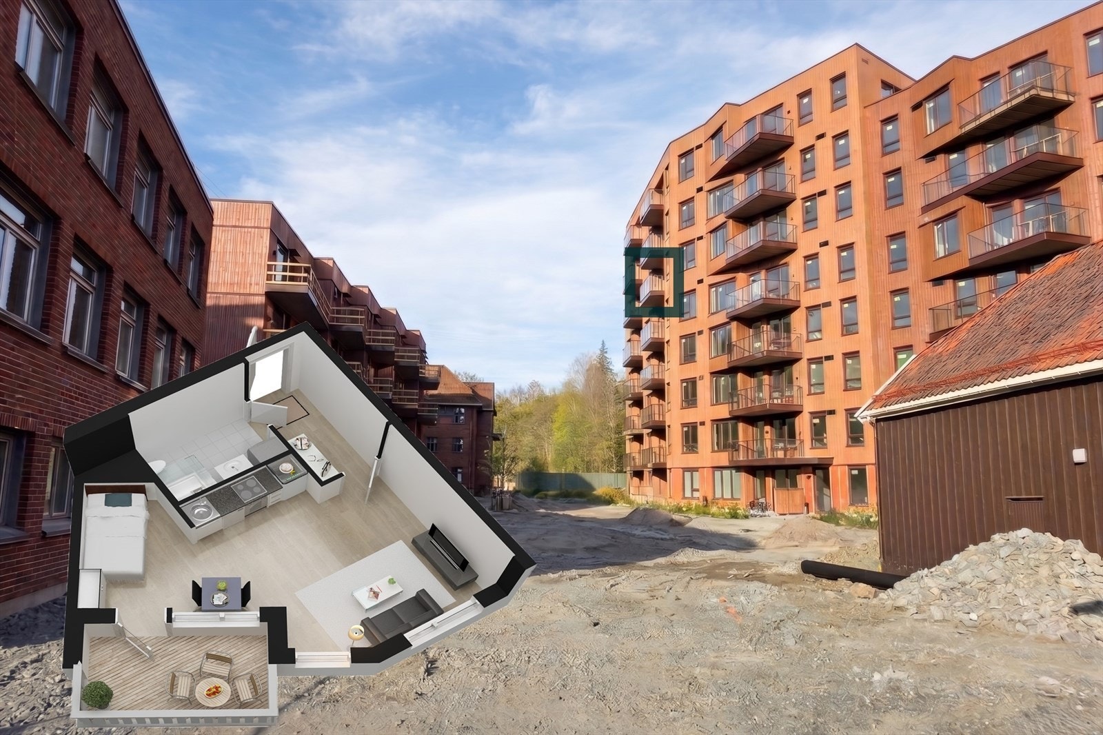 Velkommen til Løxatorget med kort vei til mye. Foto er ryddet digitalt/med KI. Omtrentlig plassering. Avvik vil forekomme. Galleribilde