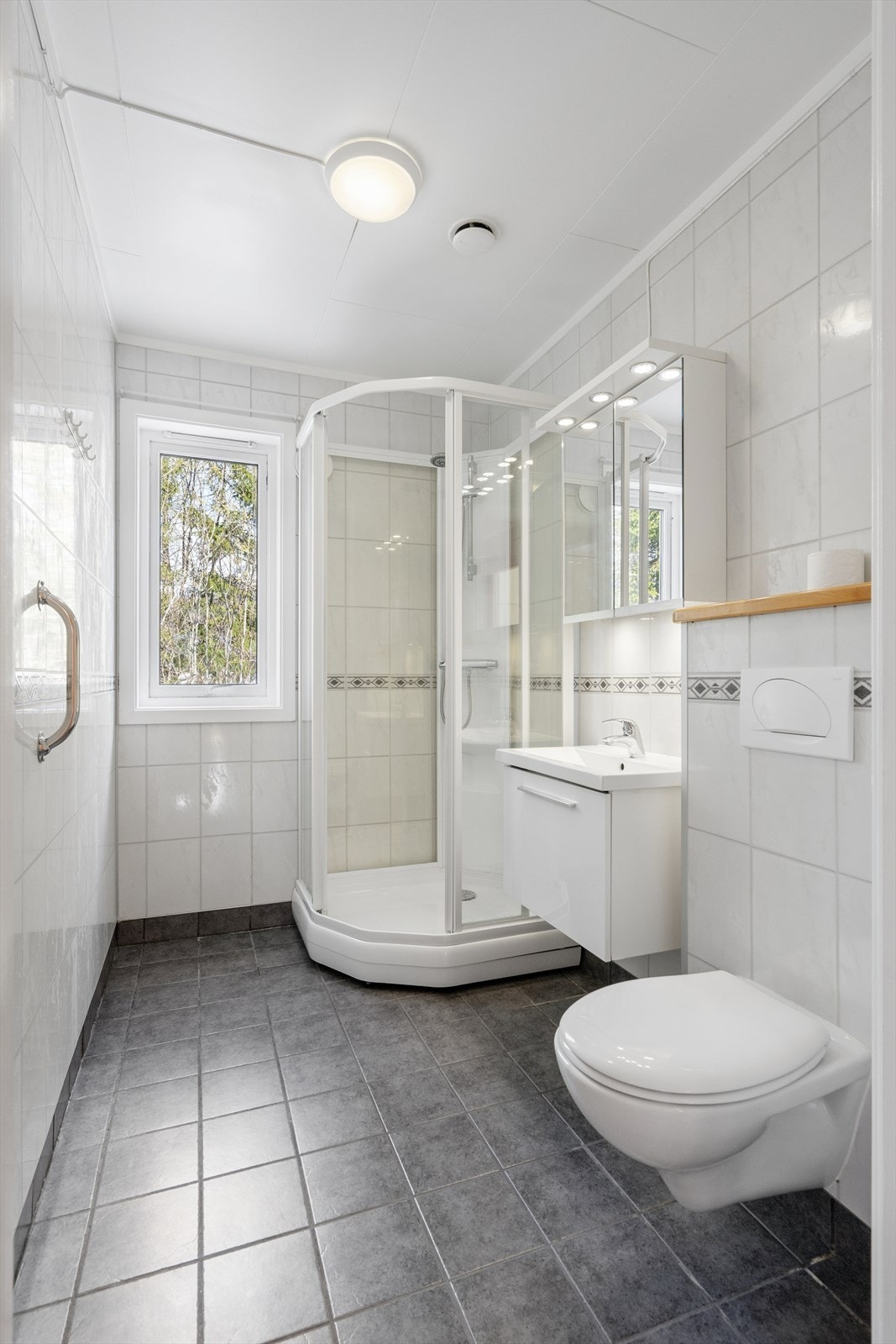Badet på hovedplanet består av heldekkende servant, dusjkabinett og vegghengt toalett. Galleribilde