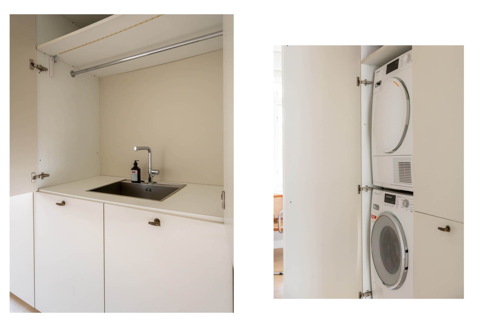 I den plassbygde innredningen er det etablert opplegg for vaskemaskin og tørketrommel, samt utslagsvask. Galleribilde