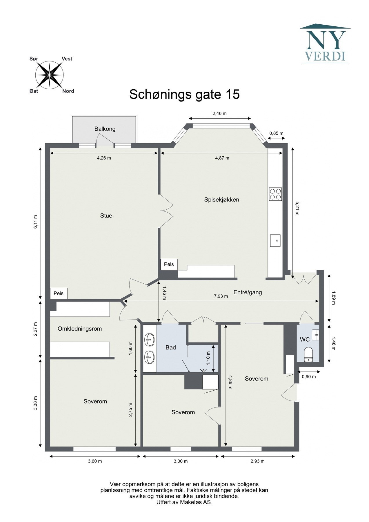 Planløsningen er praktisk og godt utnyttet, med en romslig stue som har utgang til balkong, separat kjøkken med plass til spisebord, tre gode soverom, samt bad og eget toalettrom. Galleribilde