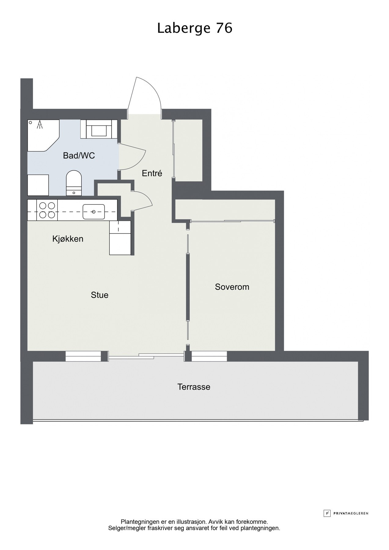 Leilighet med ett soverom, stue, kjøkken, bad/WC, entré og terrasse. Galleribilde