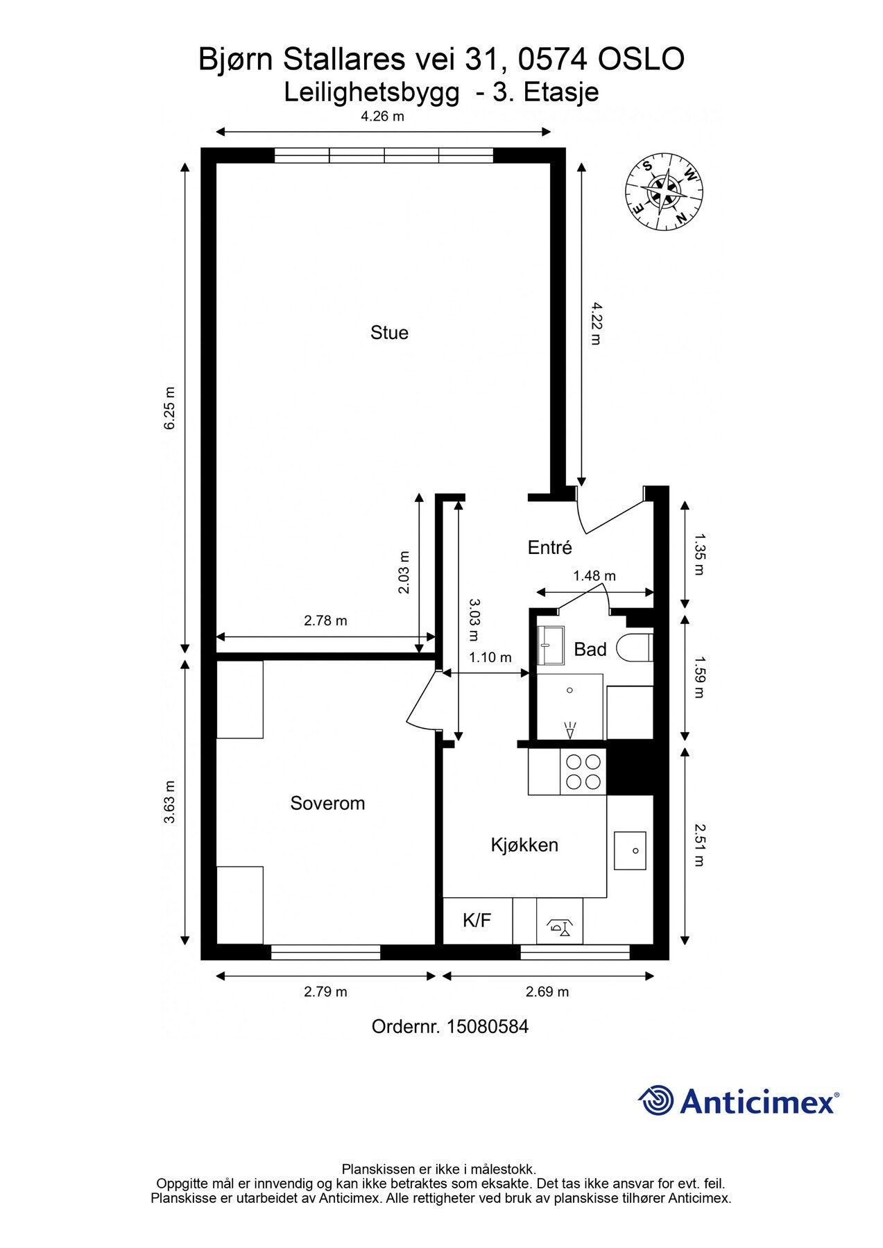 Plantegning. I tillegg disponerer leiligheten en kjellerbod på ca. 4m². Galleribilde