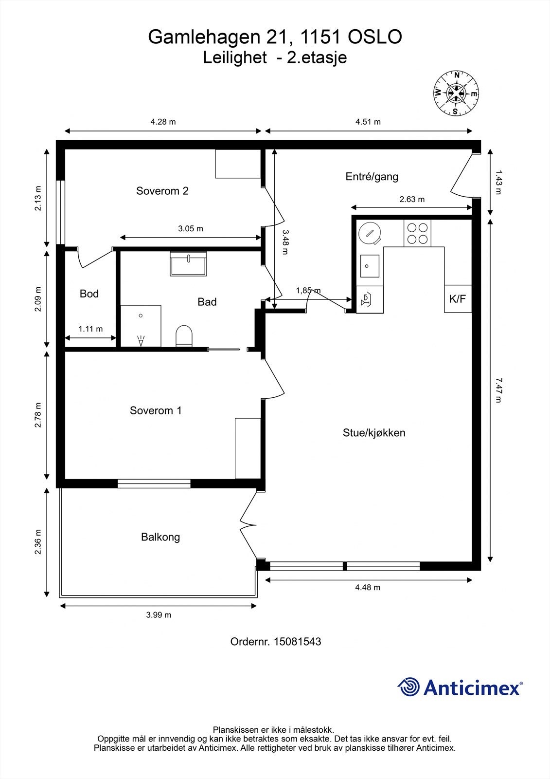 En arealeffektiv planløsning fordelt på 73 m² med to soverom, åpen stue- og kjøkkenløsning, bad og en praktisk innvendig bod. Galleribilde