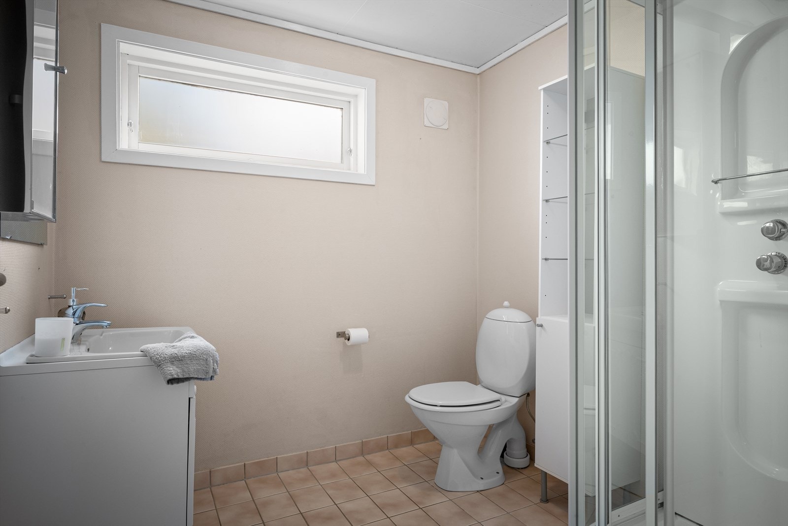 Badet i underetasjen er utstyrt med toalett, servant og dusjkabinett. Galleribilde