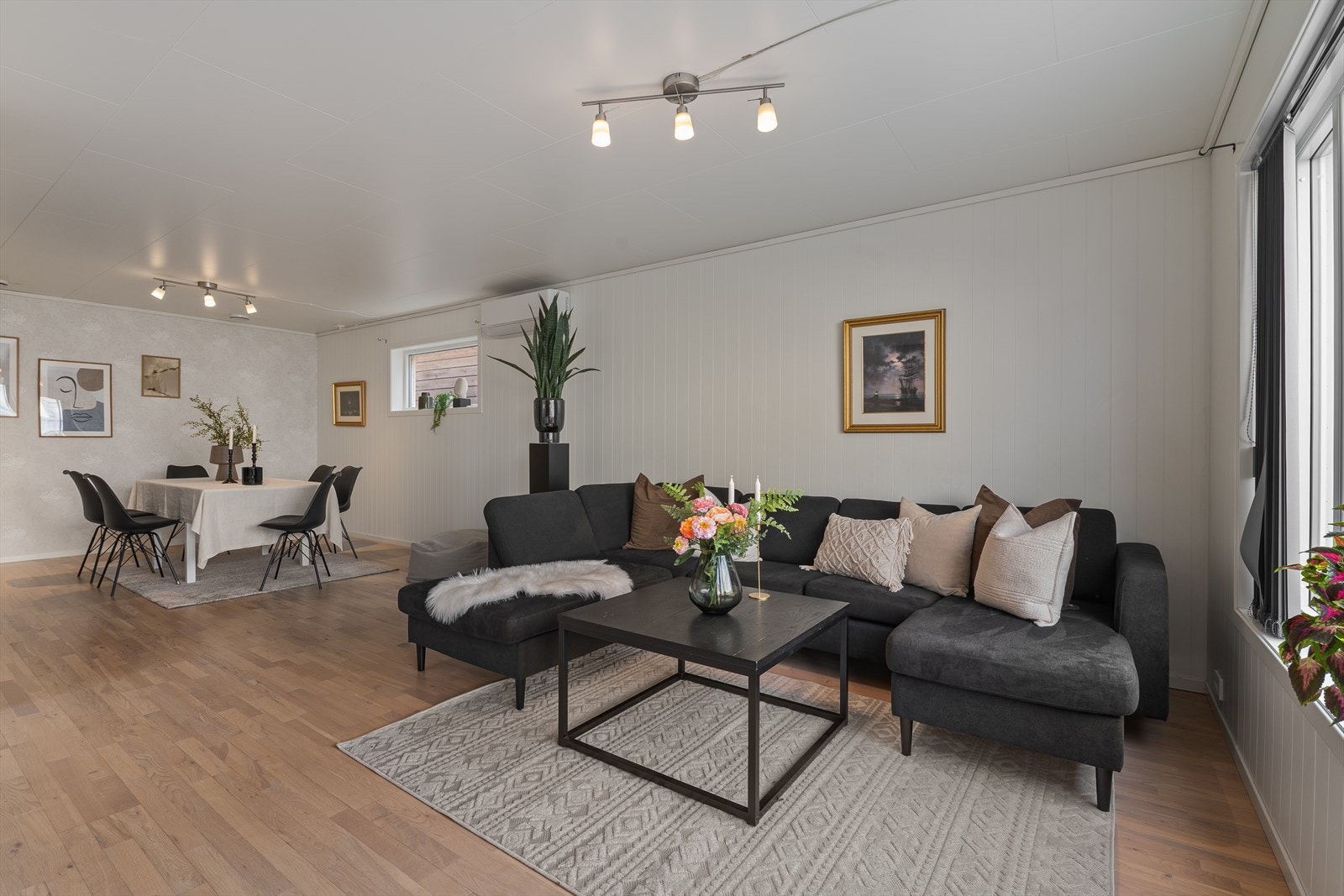 God plass for sofagruppe og spisebord. Varmepumpe fra 2025. Galleribilde