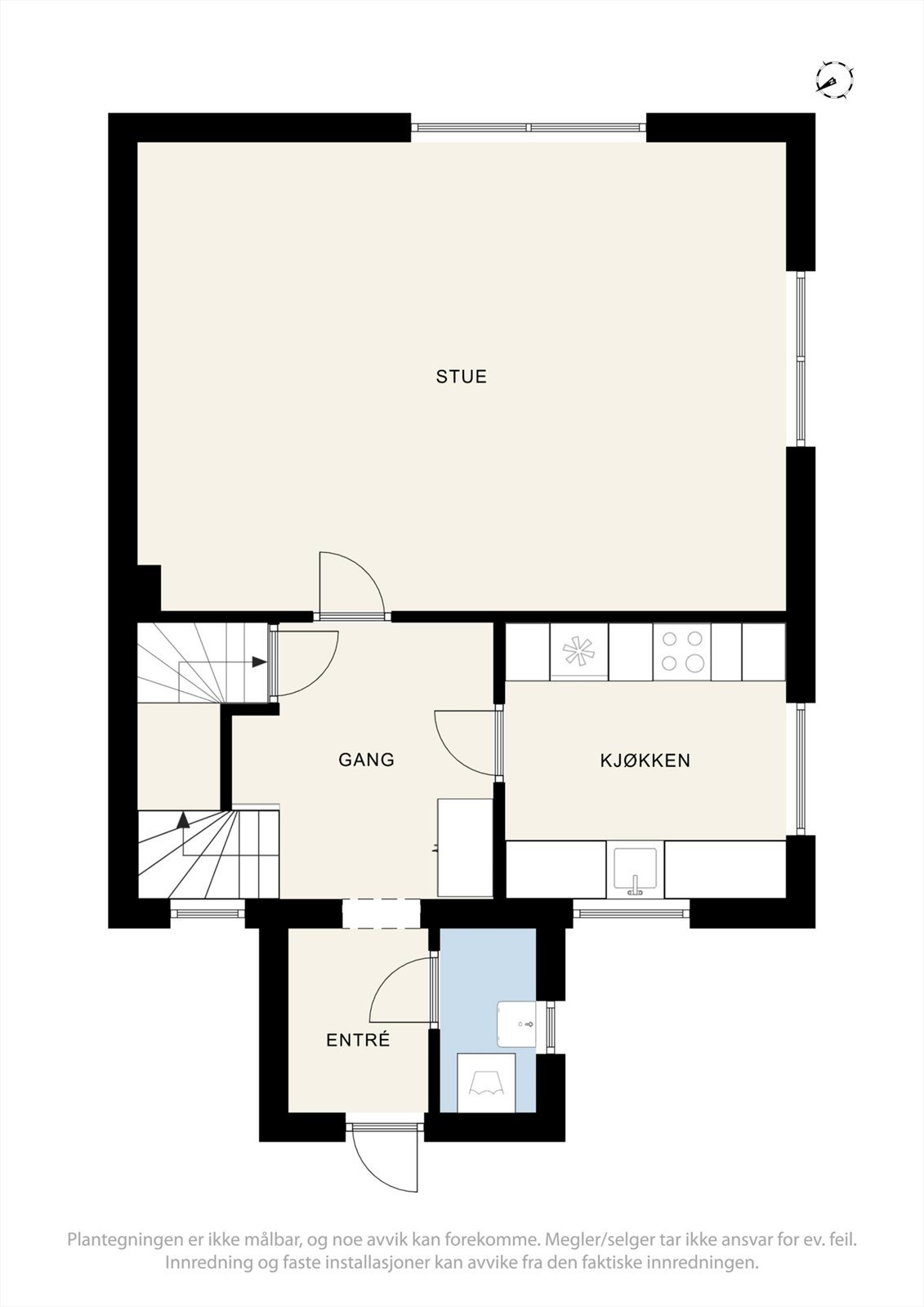 1. etasje med entré, bad/vaskerom, kjøkken og en romslig stue. Galleribilde
