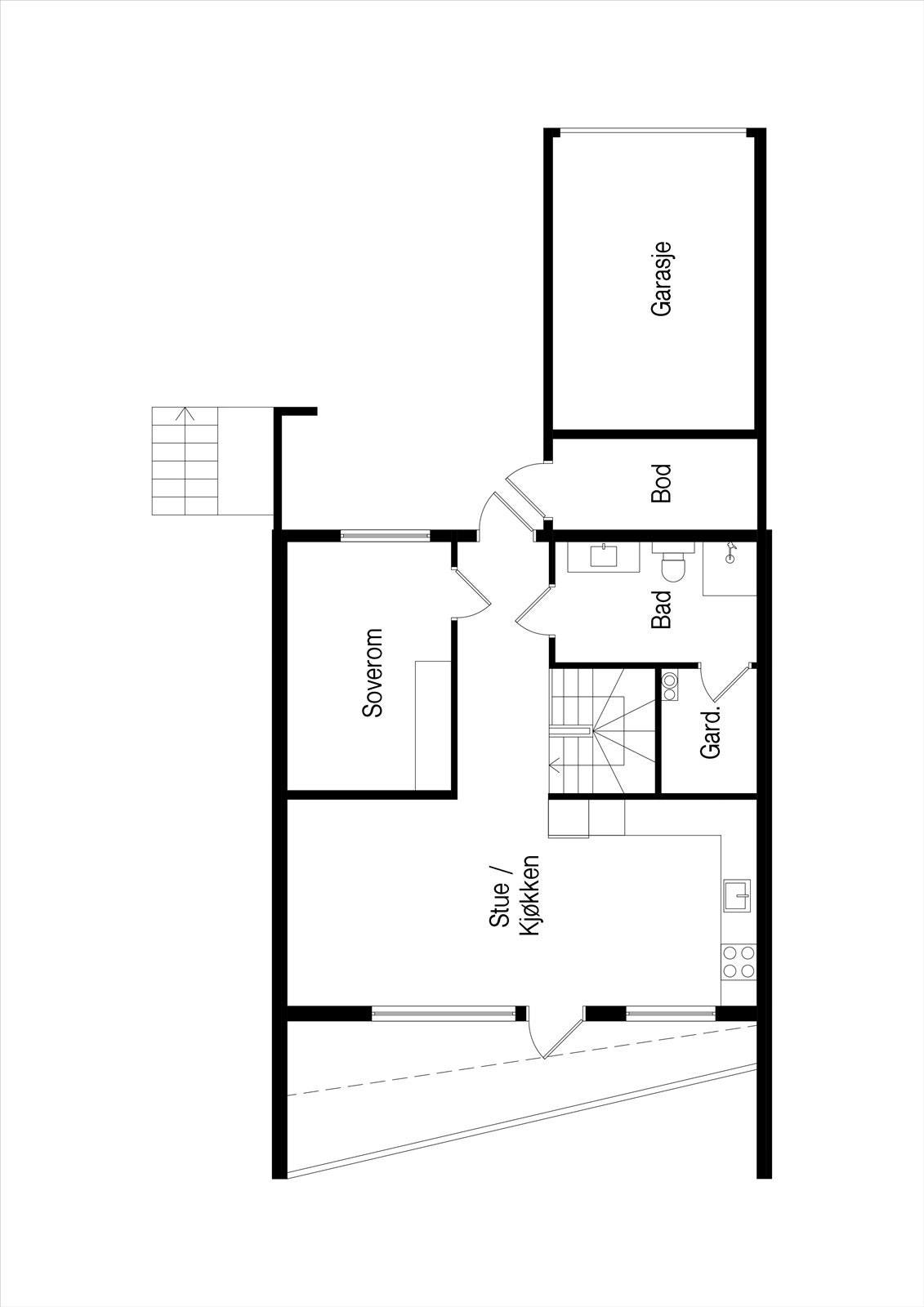 Hovedetasjen har en praktisk planløsning med alt du trenger på ett plan: stue/kjøkken, soverom, bad og bod. Galleribilde