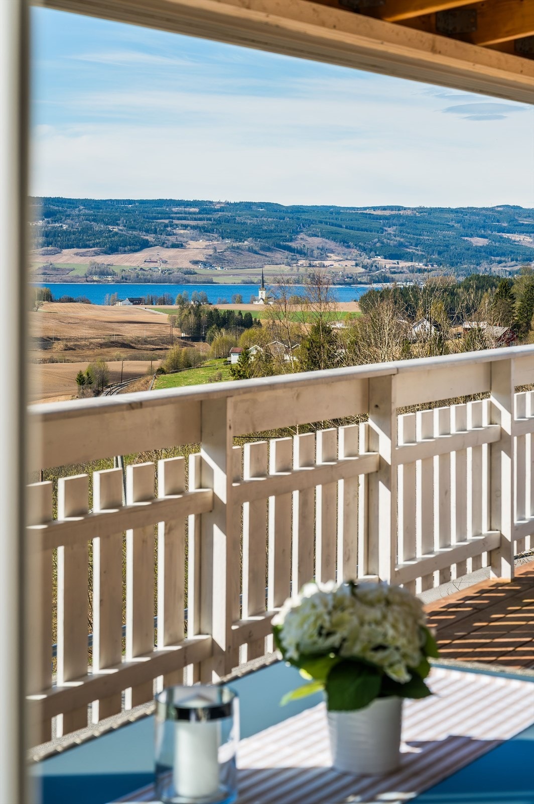 Fra terrassen er det fantastisk flott utsikt over vakker natur og Mjøsa. Galleribilde
