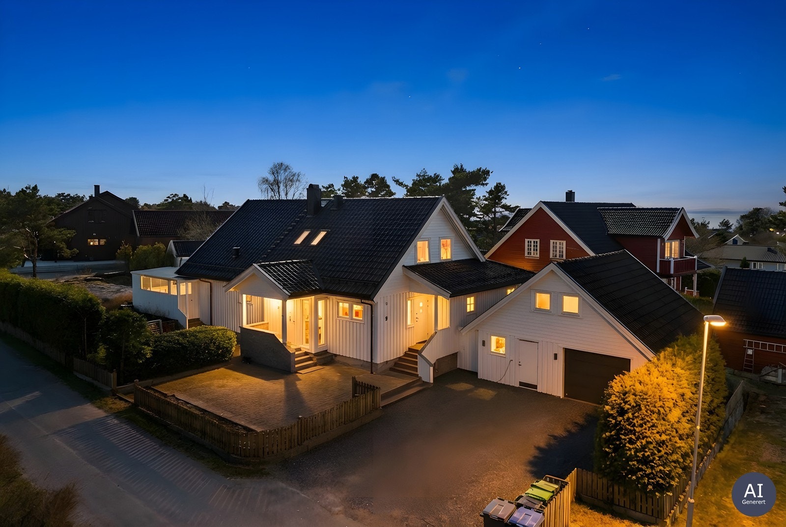 Eneboligen fremstår velholdt med nytt tak og nye takrenner fra 2024. Galleribilde