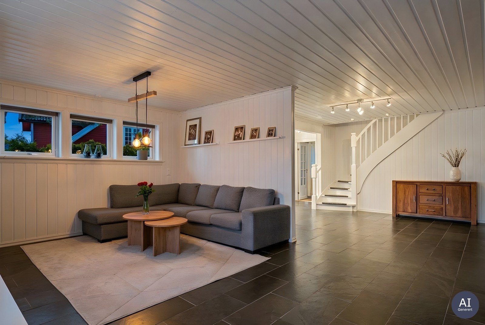 Den åpne løsningen gir en god flyt mellom stuens ulike deler og trappen til andre etasje. Galleribilde