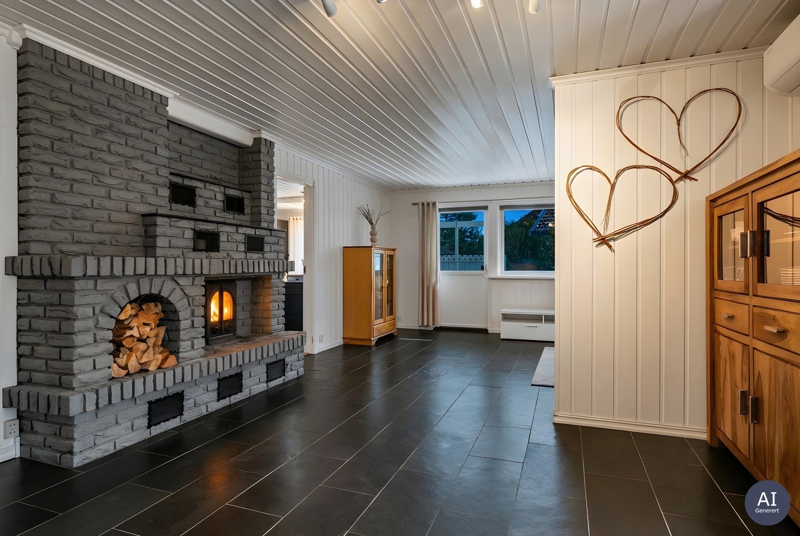 Den robuste peisen er et sentralt og samlende element i rommet. Galleribilde
