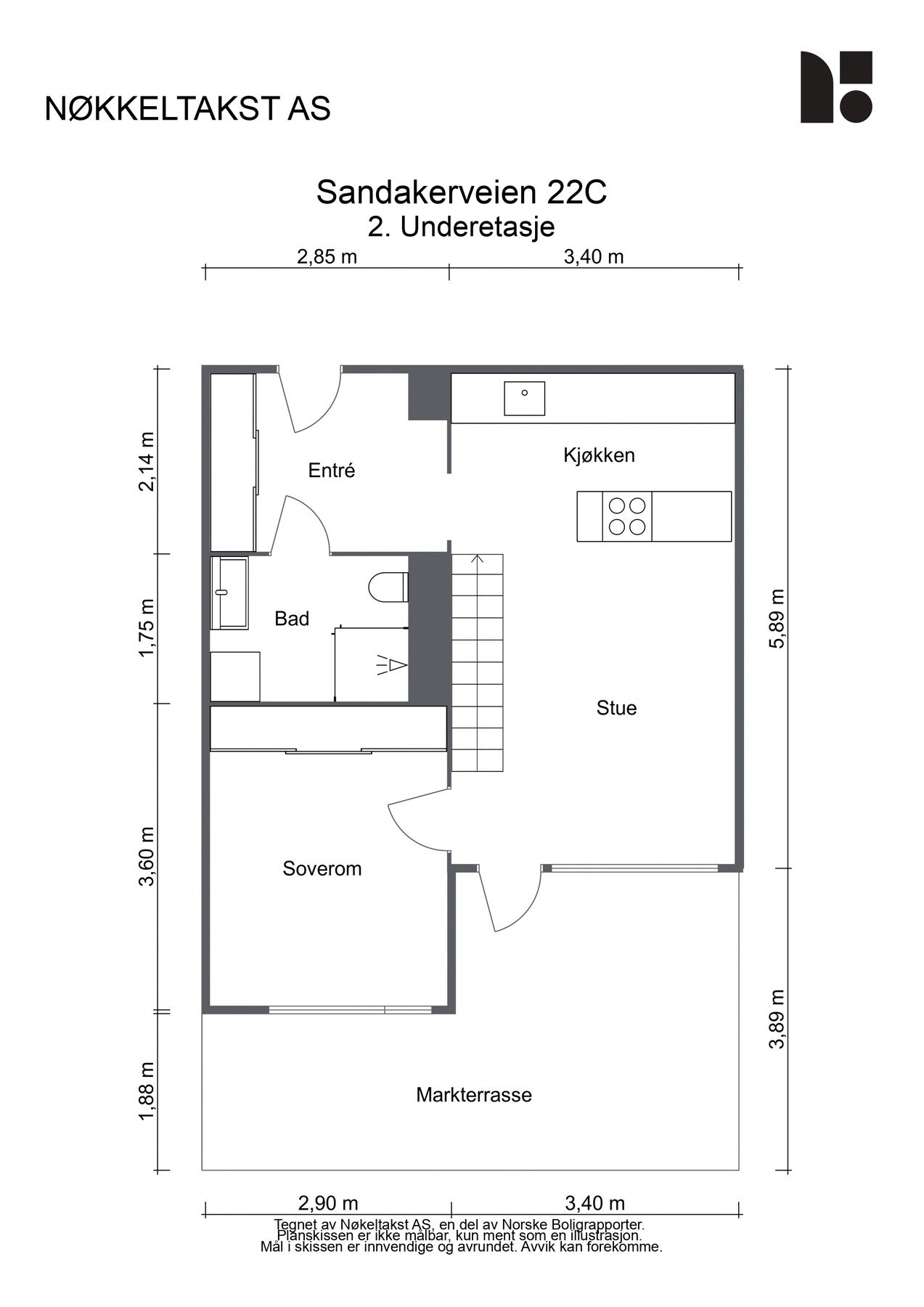 Planskisse hoveddel (-2 etasje) 43 kvm BRA-i: Entré, stue, kjøkken, soverom og baderom. Galleribilde