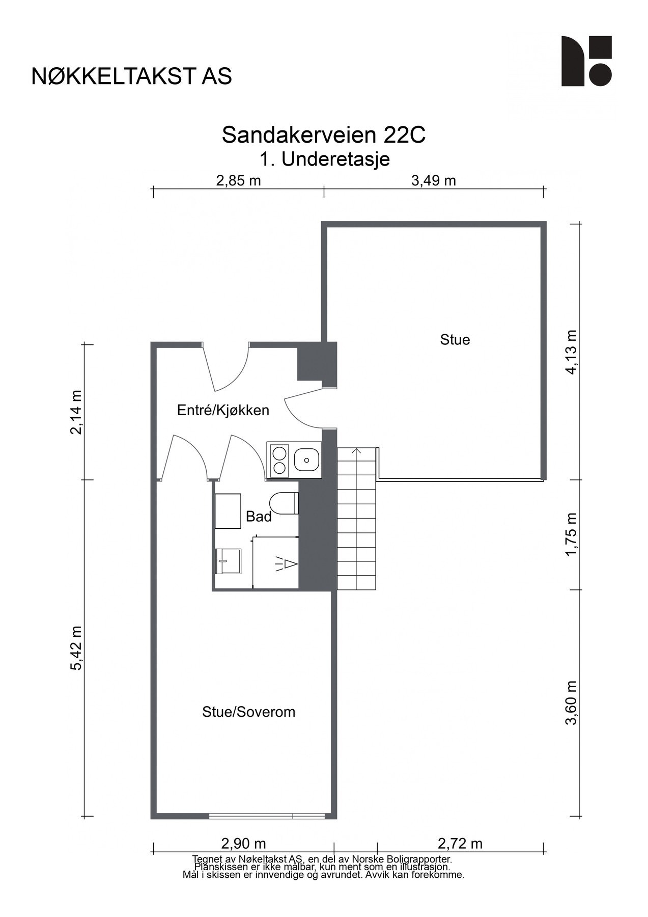 Planskisse hybeldel + stue hoveddel. BRA-i: 36 kvm: Stue, entré/kjøkken hybel, soverom/stue og baderom. Galleribilde
