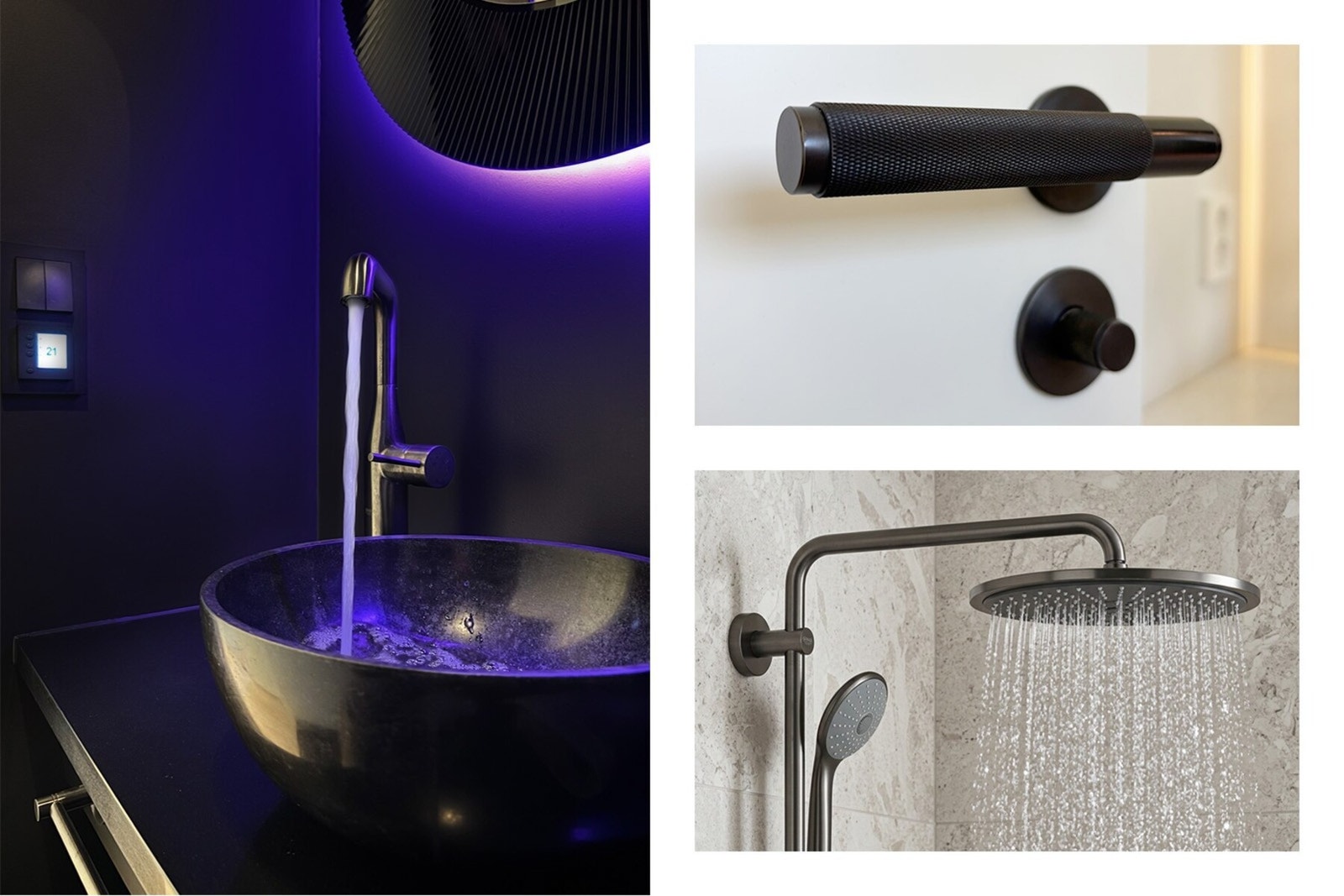 Armaturer, flushknapper, dusjhoder knagger og håndkleholdere i Grohe Graphite, Buster & Punch dørhåndtak Galleribilde