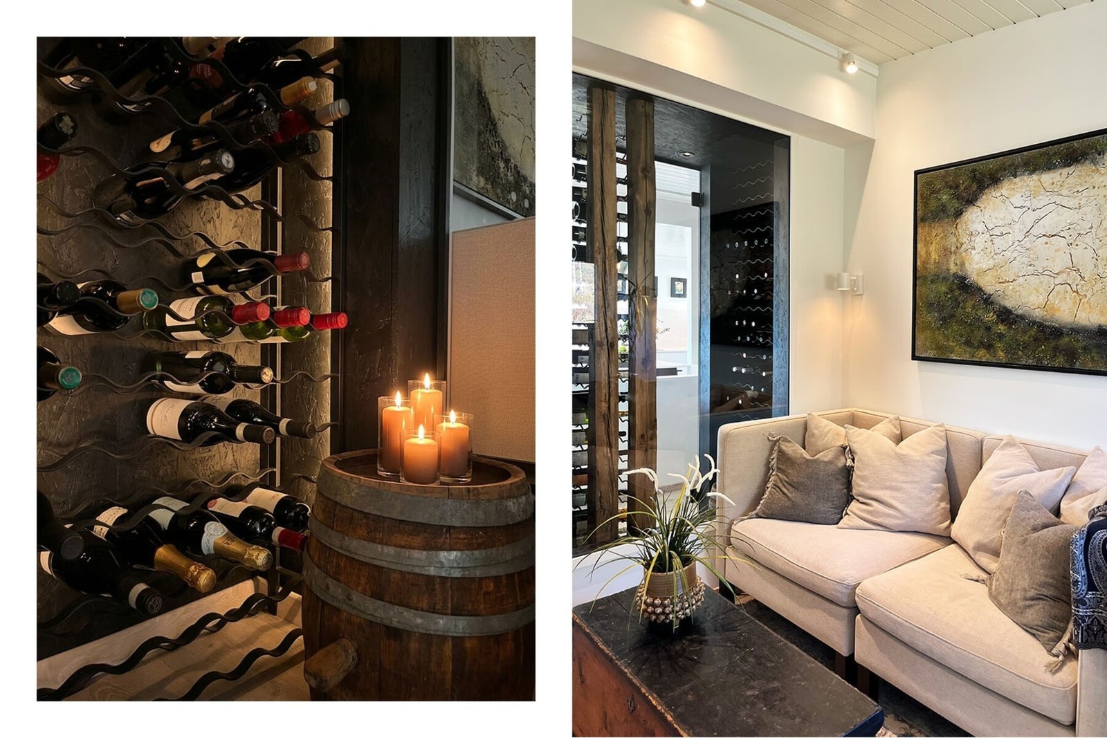 Vinrom med vindu og glassvegger, integrert kjøleagregat og delikat belysning for optimal lagring av vin og musserende (flaskekapasitet). Galleribilde