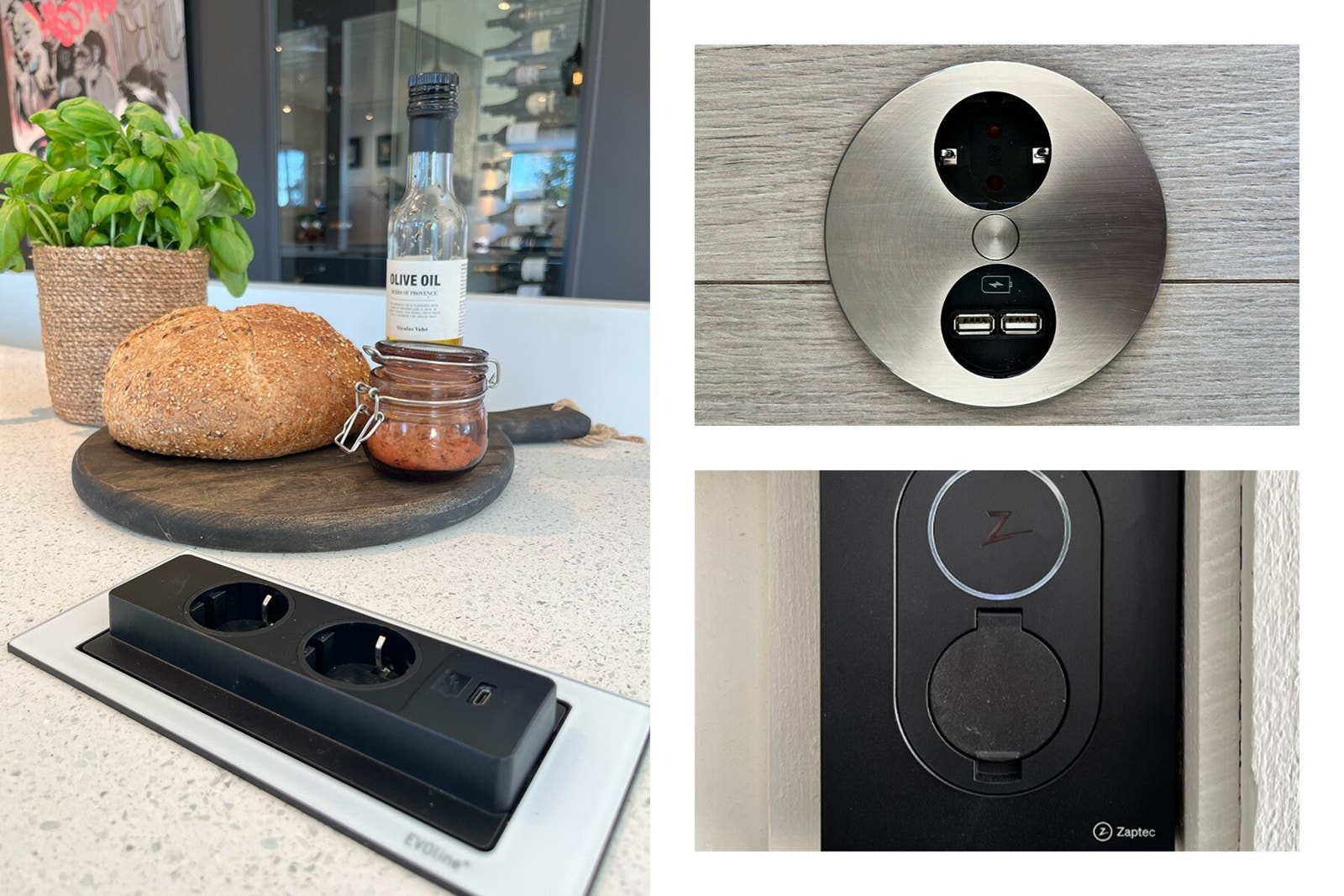 Nedfelte Evolinekontakter i benkeplate med stikk og USB-C, nedfelte stikkontakter i gulv i børstet stål med stikk og USB, Zaptec smart elbillader, mediekontakt i vegg for HDMI og lyd. Galleribilde