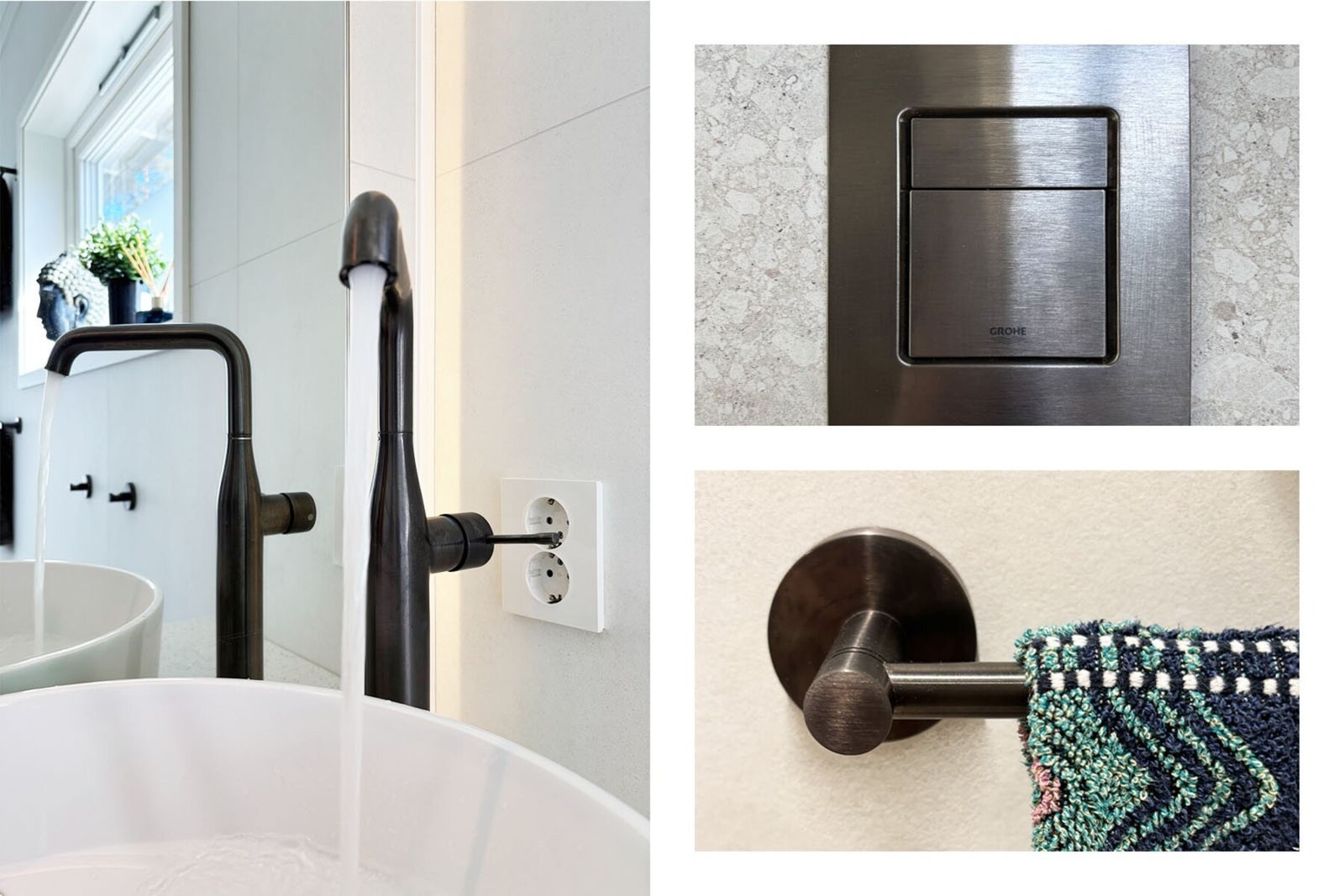 Armaturer, flushknapper, dusjhoder knagger og håndkleholdere i Grohe Graphite, Buster & Punch dørhåndtak. Galleribilde