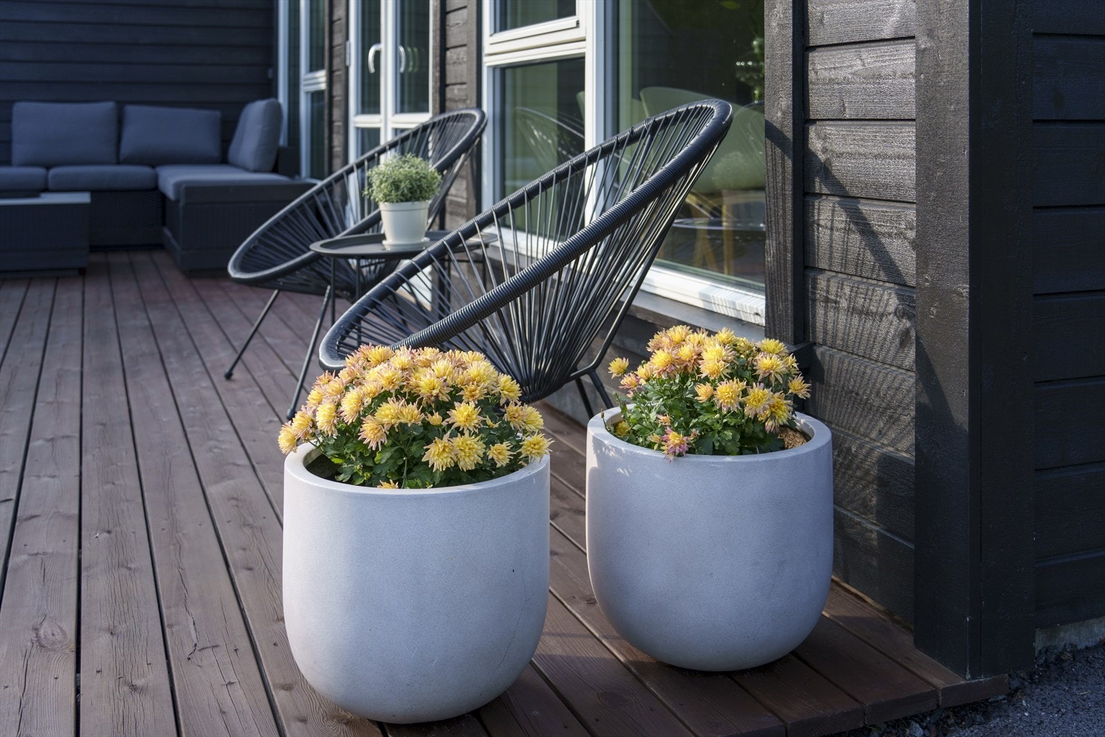 Terrassen ligger i front av huset, direkte tilknyttet gårdsplassen. Galleribilde