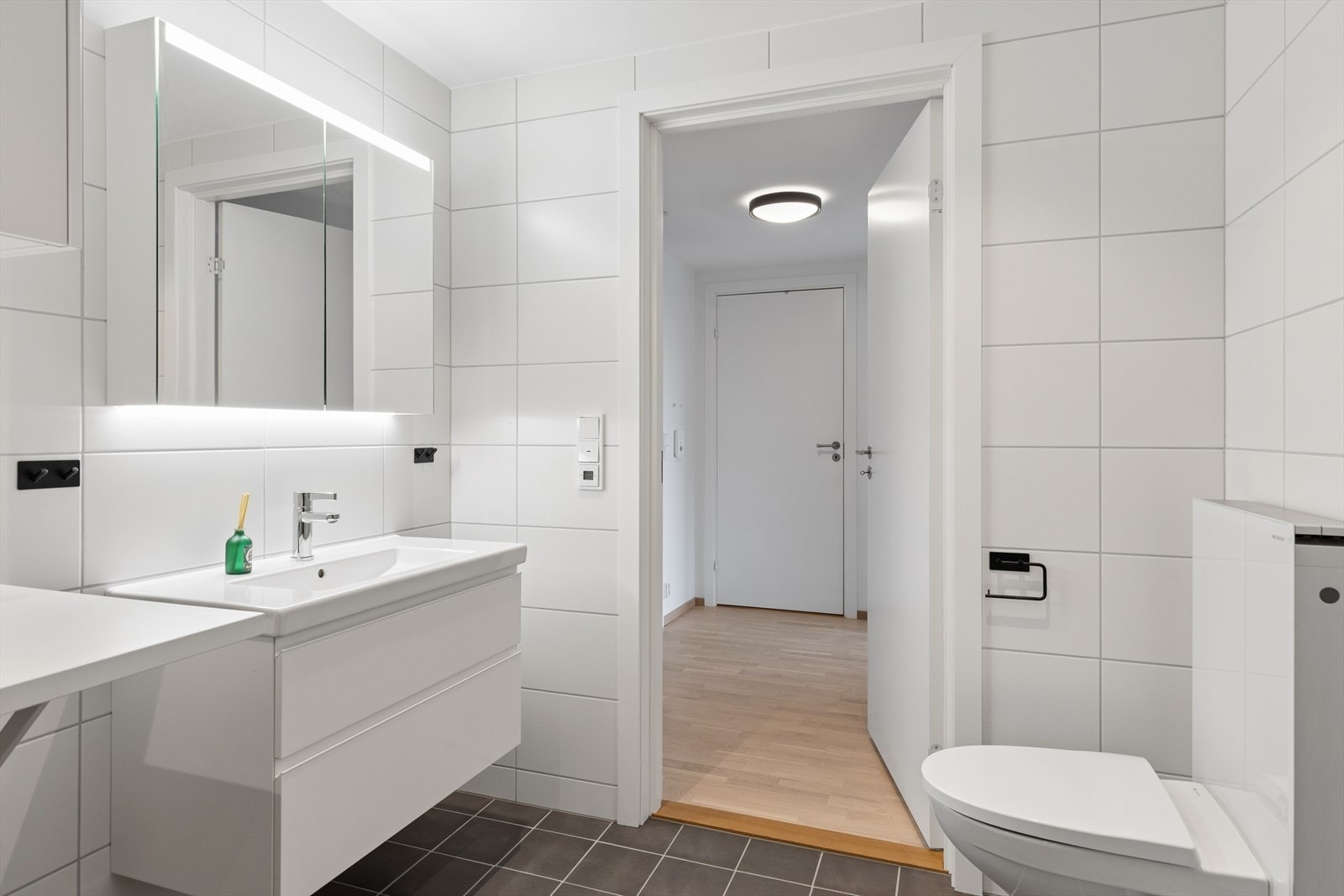 Baderomsinnredning med servant og speilskap med belysning. Mekanisk avtrekk er koblet til bygningens balanserte ventilasjonsanlegg. Galleribilde