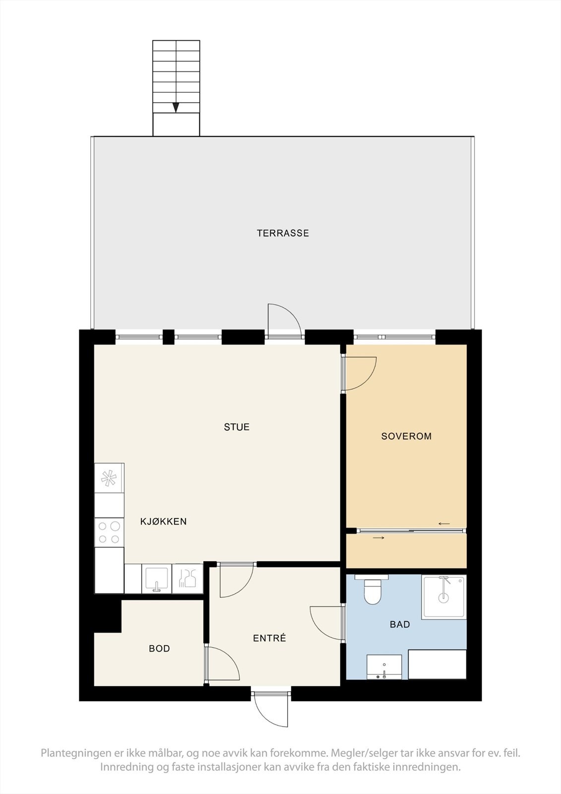 Leiligheten har en arealeffektiv planløsning på 54 m² som omfatter entré, bad, soverom, stue med åpen kjøkkenløsning og en praktisk innvendig bod. Galleribilde