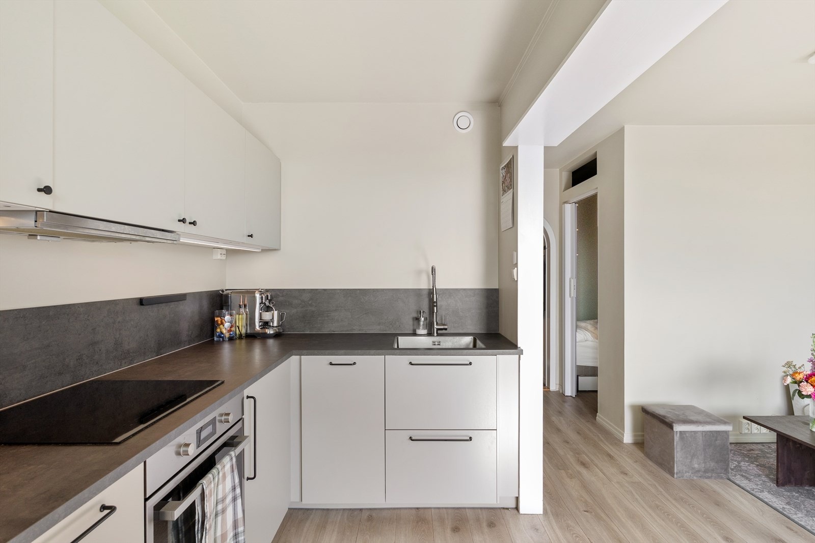 Kjøkkenet er tilpasset på en god måte med rikelig skap- og benkeplass og det er plassert splashplate på vegg over benkeplaten som gir et moderne uttrykk. Galleribilde