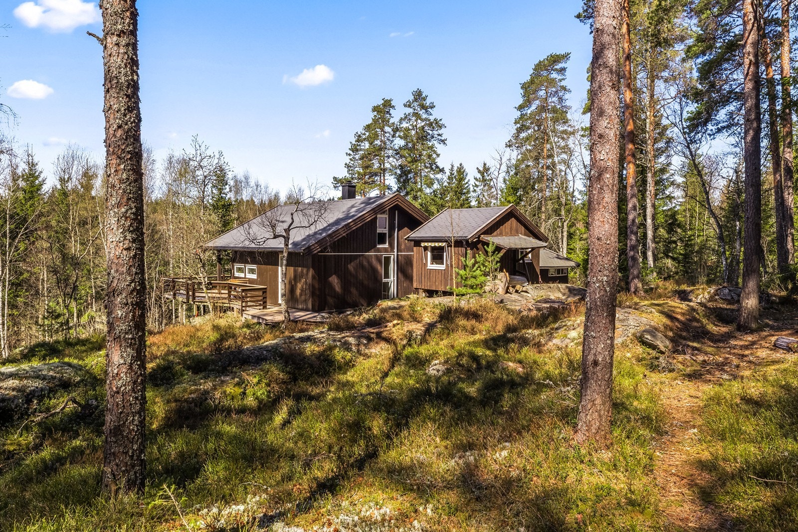 Tomten er en naturtomt som glir sømløst inn i det omkringliggende skogsterrenget. Galleribilde