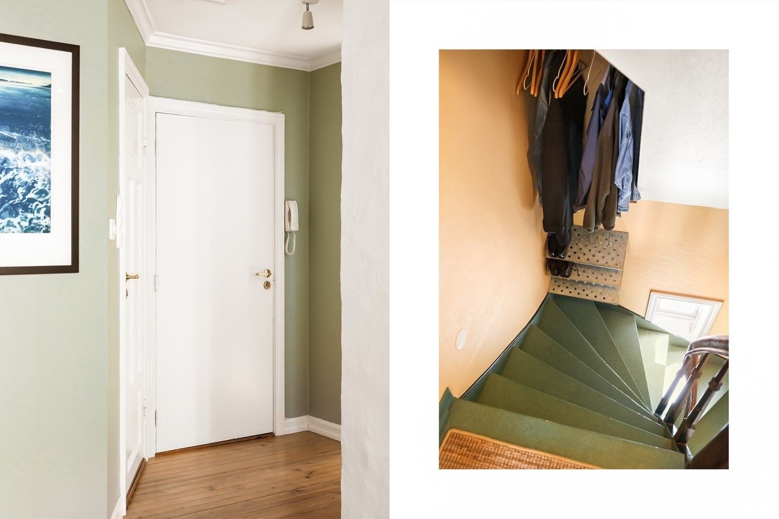 Entréen ligger åpent mot stuen, men eier har hengt yttertøy og satt sko i trappehuset opp mot leiligheten. Galleribilde