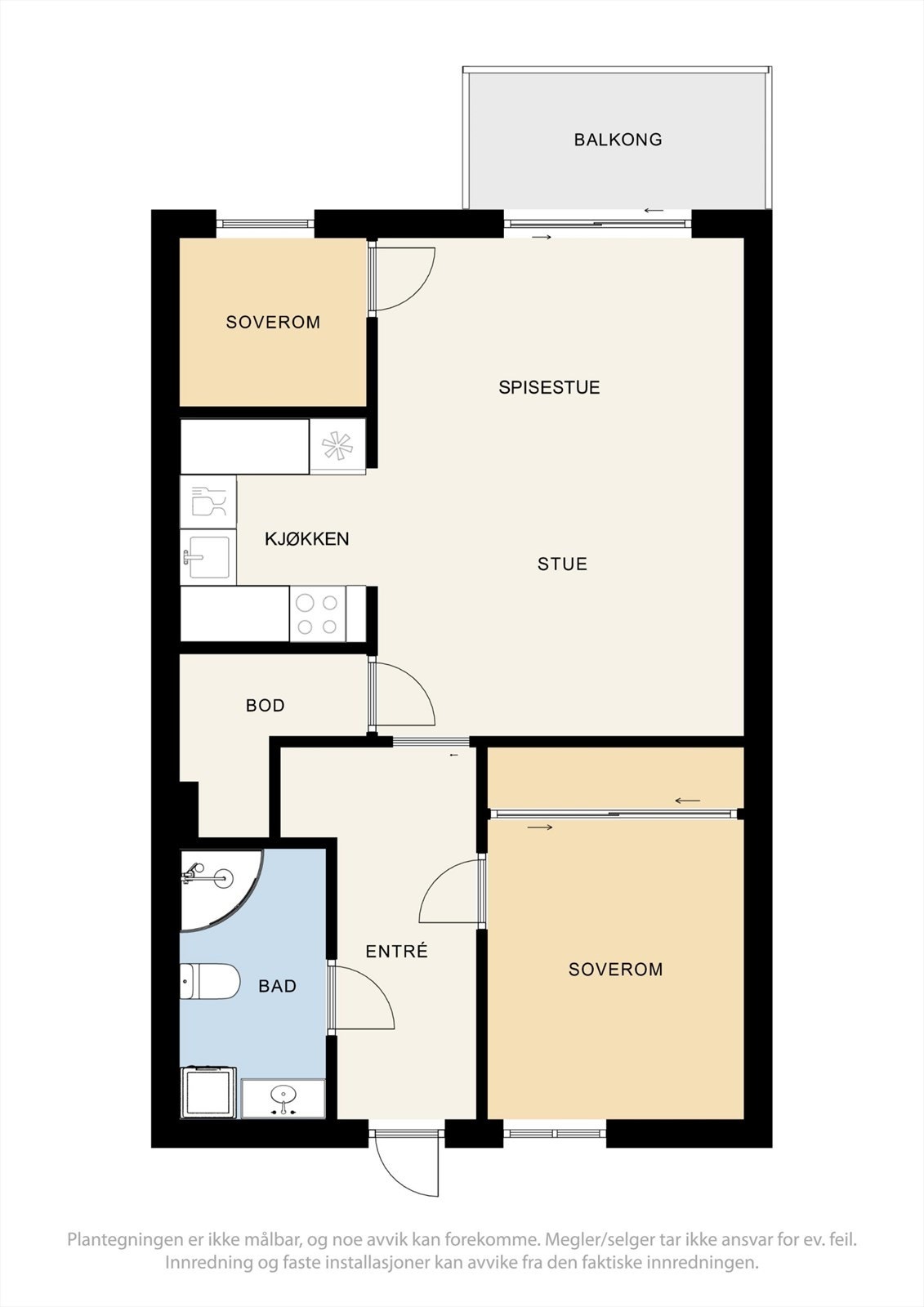 Leiligheten har et bruksareal på 56 m² og en arealeffektiv planløsning med to soverom, en innvendig bod og en åpen stue- og kjøkkenløsning. Galleribilde