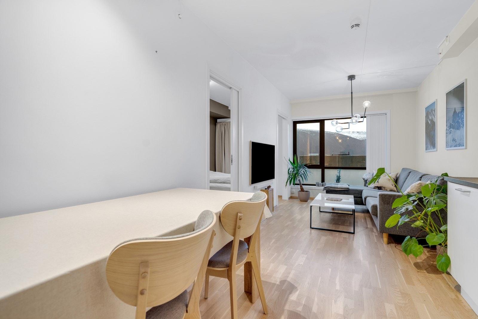 Stuen og kjøkkenet utgjør et lyst og allsidig oppholdsrom, som en del av leilighetens totale bruksareal på 44 m². Galleribilde