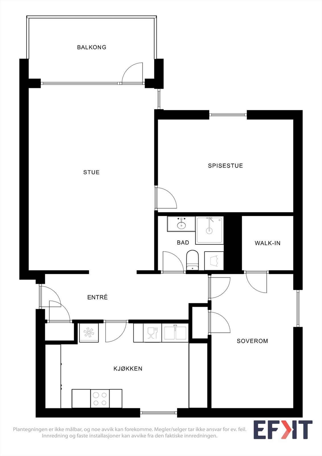 Leiligheten har en effektiv planløsning på 75 m² som fordeler seg på stue, kjøkken, spisestue, soverom, bad og en innvendig bod. Galleribilde