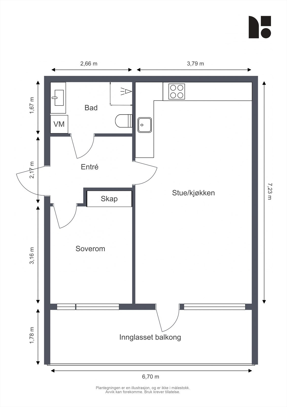 Leiligheten har en effektiv planløsning som utnytter sine 48 m² godt. I tillegg medfølger en bod på 5 m². Galleribilde