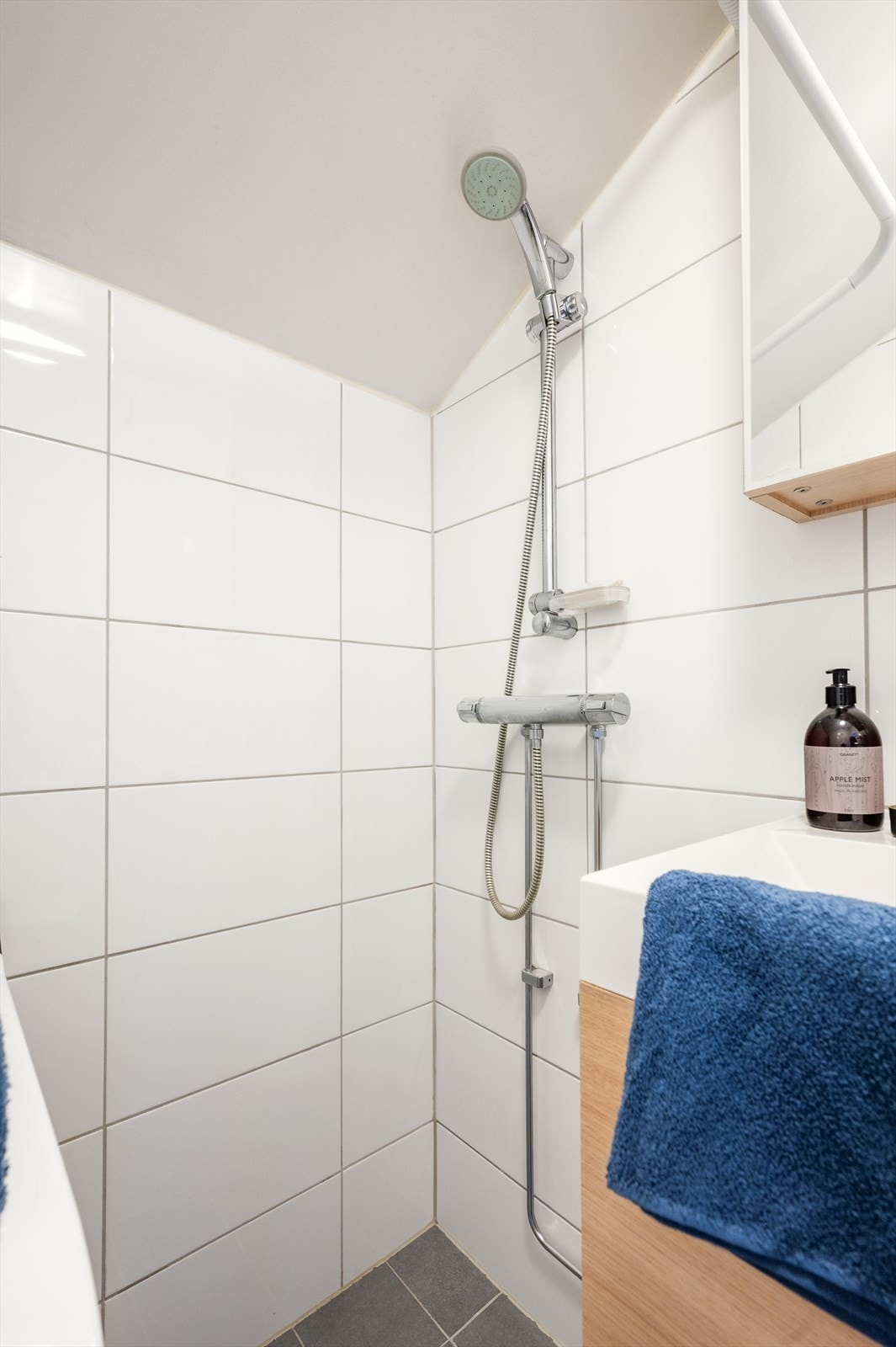 Badet er utstyrt med gulvstående toalett, dusj direkte på gulv med mulighet for dusjforheng samt servant med tilhørende skuffeinnredning. Galleribilde