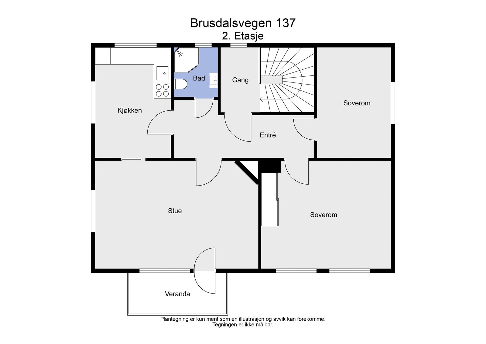 Plantegning for 2. etasje i tomannsboligen. Denne enheten har to soverom, bad, kjøkken og stue med utgang til veranda. Galleribilde