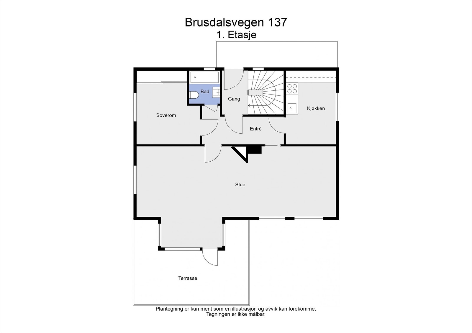 Plantegning for 1. etasje i tomannsboligen. Enheten har stue med utgang til terrasse, kjøkken, bad og soverom. Galleribilde