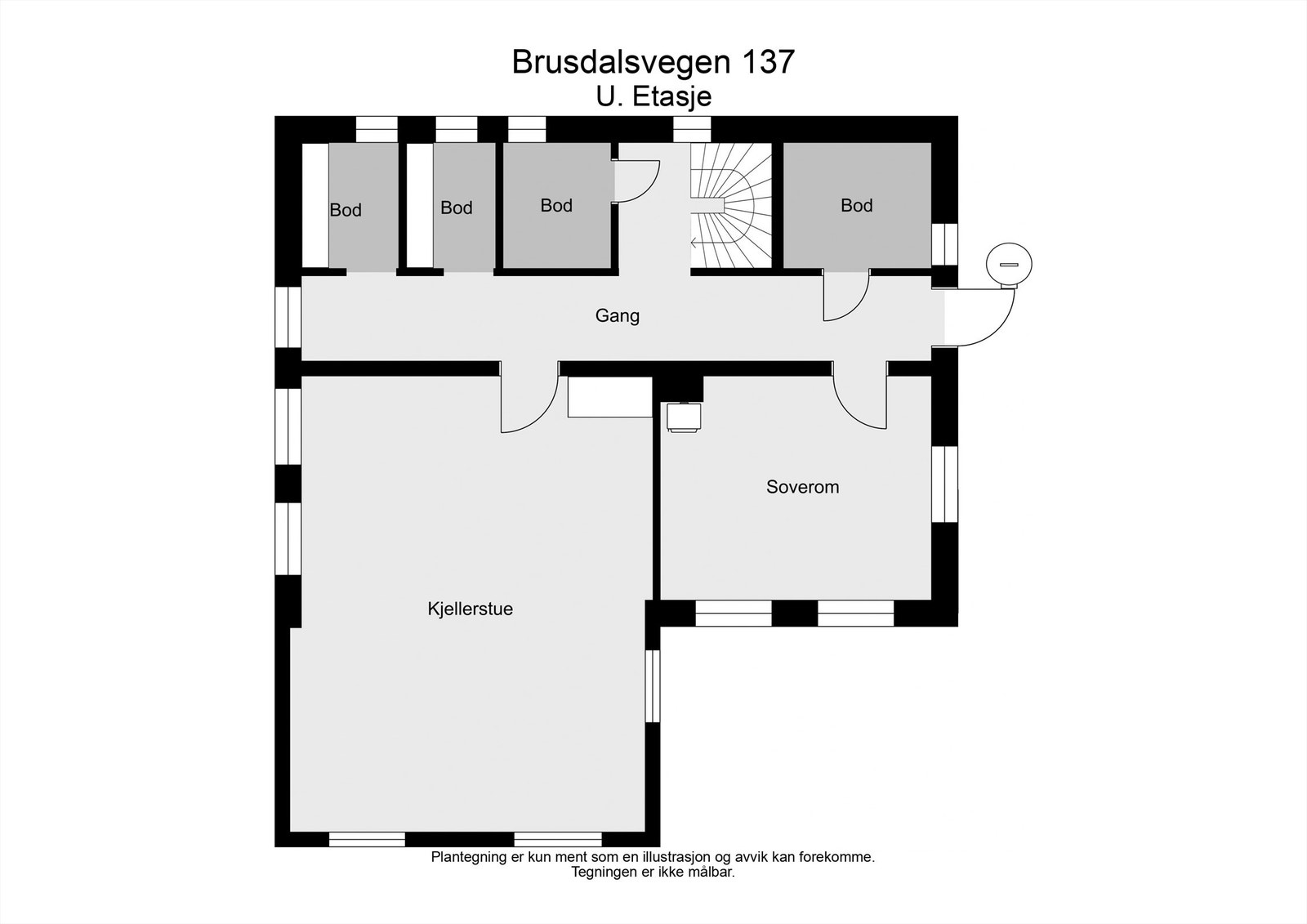 Plantegning for kjelleren i tomannsboligen. Arealet består av boder, vaskerom og innredede rom som avviker fra godkjente tegninger. Galleribilde