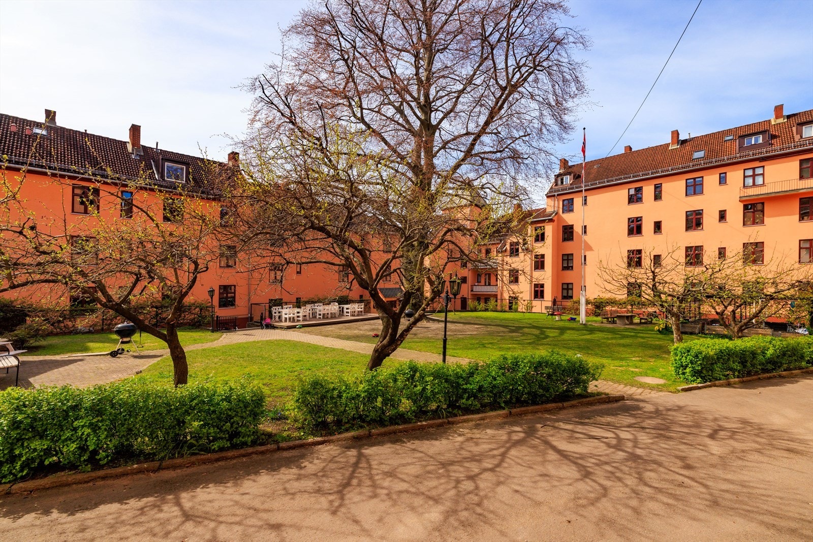 Opparbeidet bakgård med plen, gangstier og beplantning Galleribilde