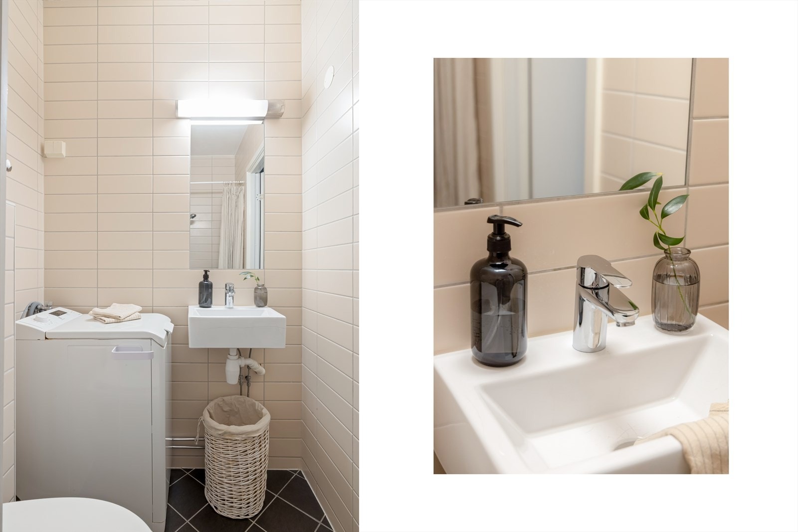 Badet er utstyrt med vegghengt toalett med innebygget sisterne, servant og dusj. Galleribilde