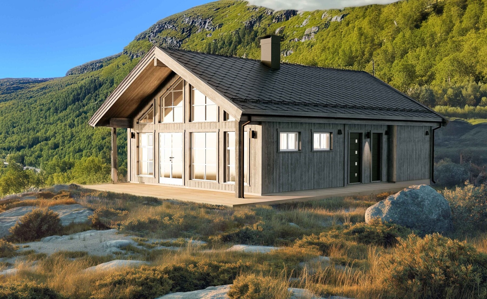 Vår nye hyttemodell Frøya 75 har alt man ønsker seg av en moderne hytte! Dette er en illustrasjon og kan avvike fra priset modell Galleribilde