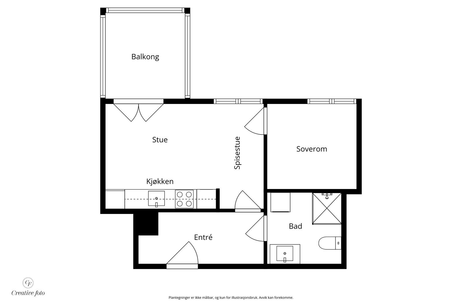 Leiligheten har et bruksareal på 36 m² og fordeling av kvadratmeterne. Galleribilde