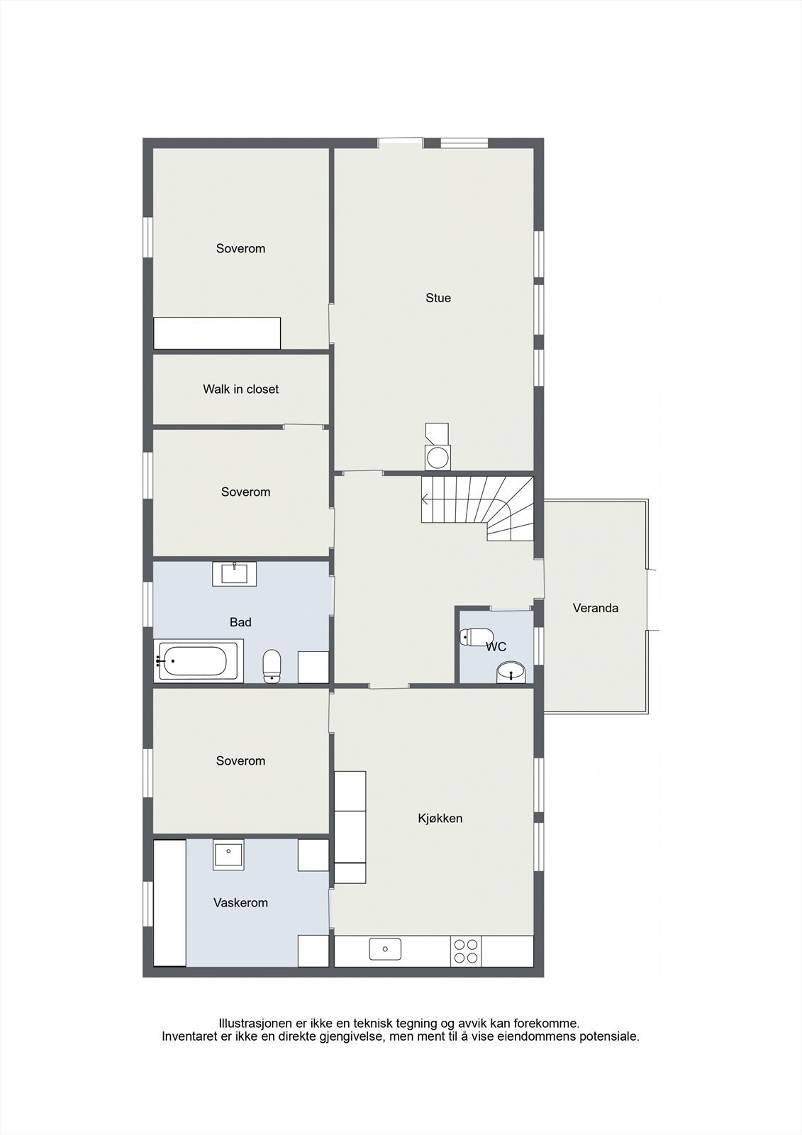 Første etasje har en familievennlig planløsning med tre soverom, bad, vaskerom og separat toalett samlet i en egen del, adskilt fra stue og kjøkken. Galleribilde