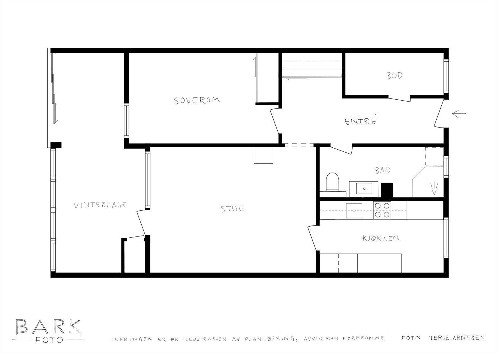 Alternativ plantegning hvor bad og vaskerom er slått sammen, samt gang/bod gjort om til hall/garderobe og kontor. Galleribilde