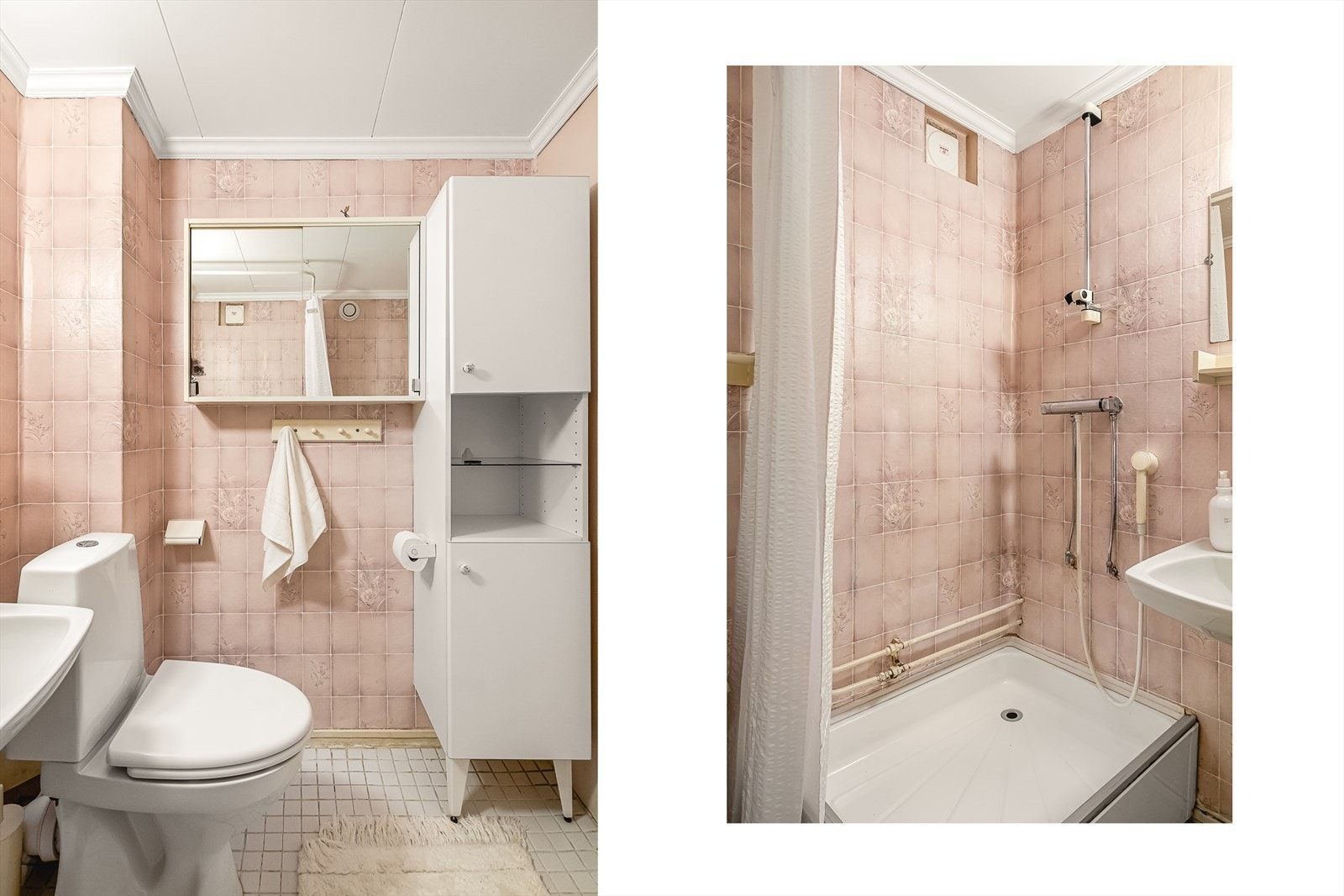Det er avtrekksventil i vegg, og badet er utstyrt med varmekabler i gulv. Både bad og vaskerom har eldre standard, og mange velger ved oppussing å slå disse sammen til et større og mer moderne bad. Galleribilde