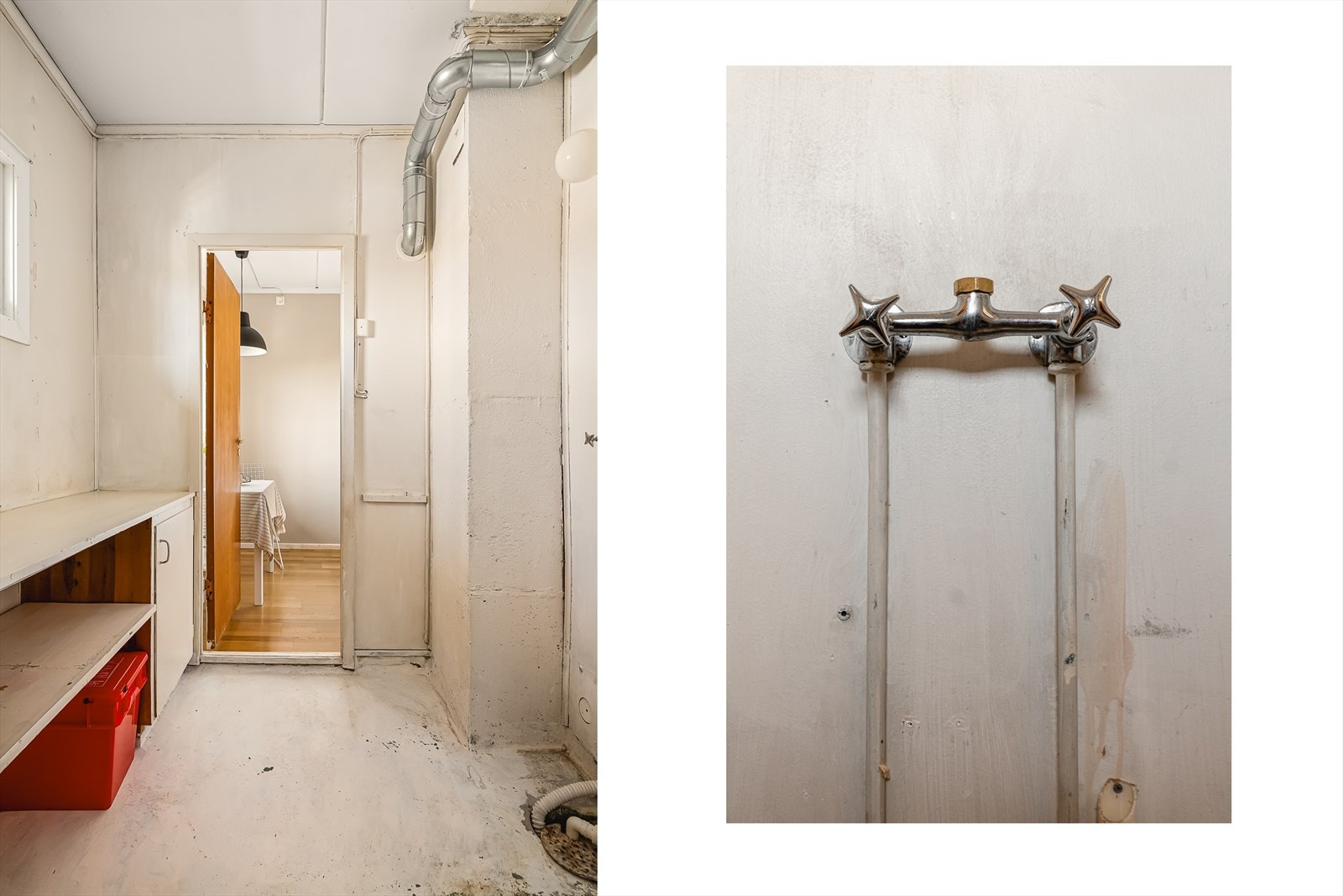 Praktisk vaskerom med malt/behandlet betonggulv, og vegger med malt platekledning/malt betong. Himlingen består av malt betong. Opplegg for vaskemaskin, skapinnredning, benkeplate og hylle, samt plassering av ventilasjonsaggregat. Galleribilde